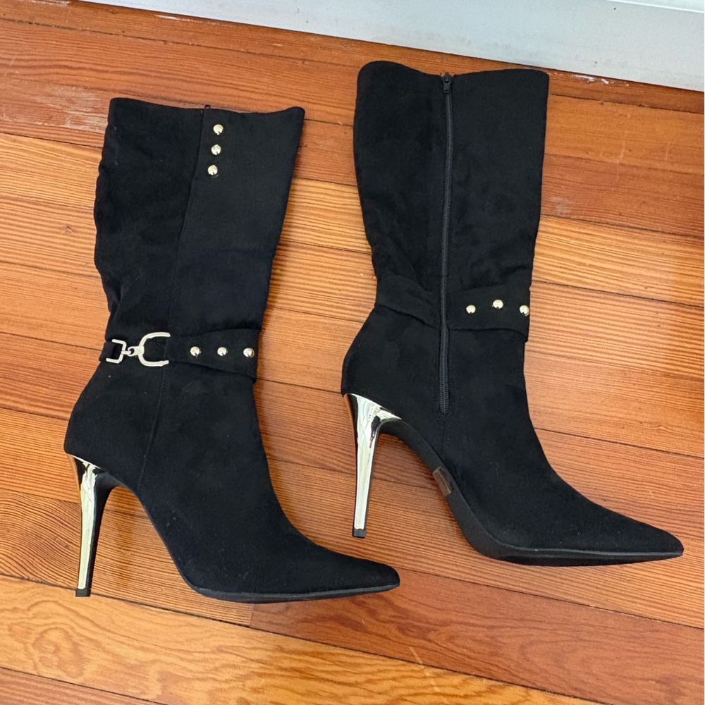 Venus Black Heel Boots with Gold accents. Brand new in box never worn
